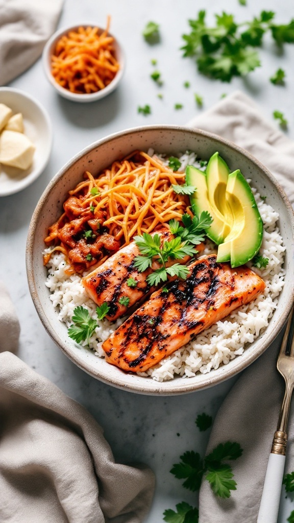 A colorful Kimchi Salmon Bowl with grilled salmon, rice, kimchi, and avocado.