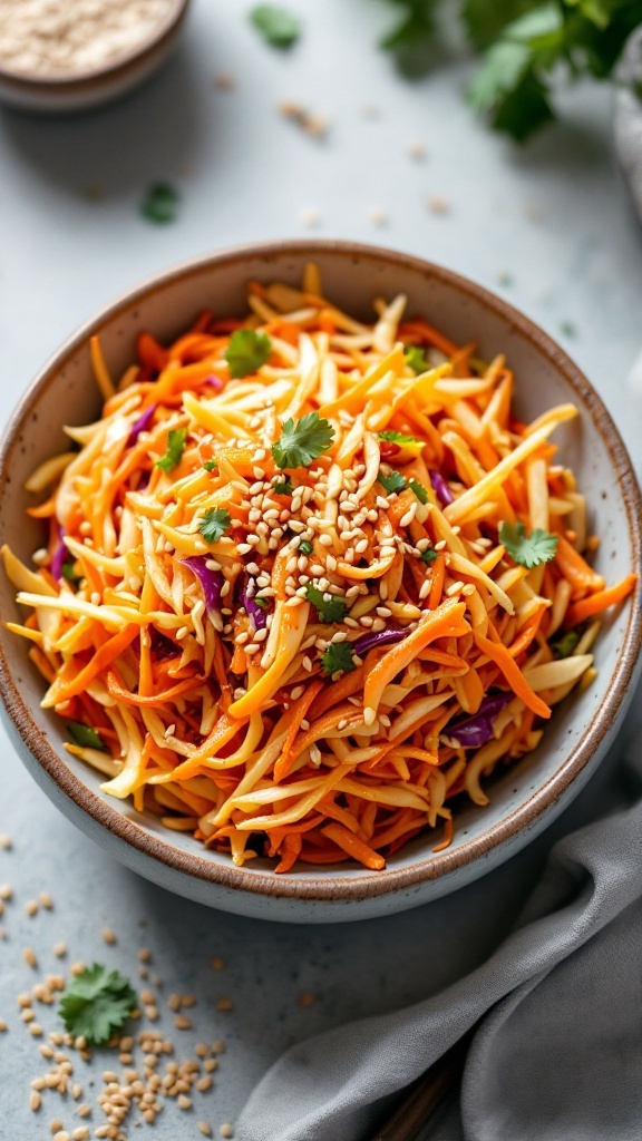 A colorful bowl of kimchi slaw with shredded vegetables and sesame seeds.