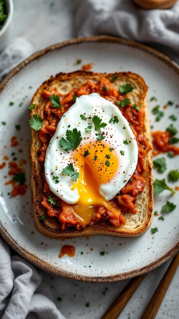 A delicious serving of kimchi toast topped with a perfectly poached egg garnished with cilantro.