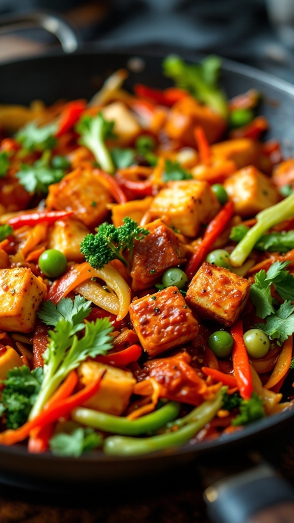 A colorful and vibrant plate of kimchi tofu stir-fry with various vegetables.