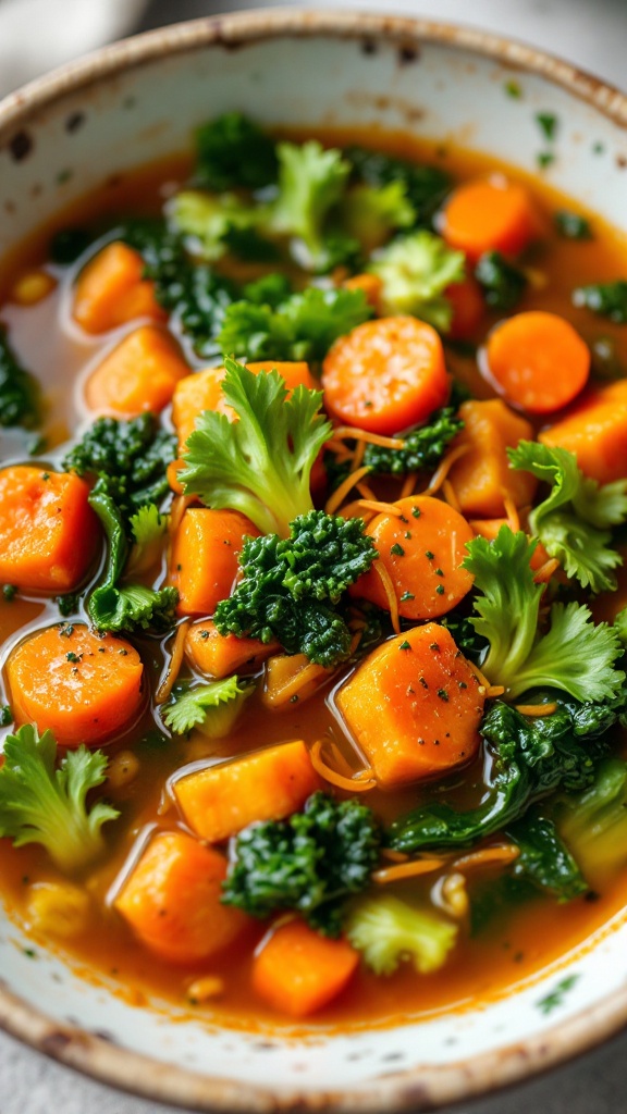 A bowl of vibrant kimchi vegetable soup with various vegetables and garnished with cilantro.