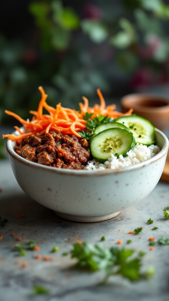 A delicious Korean BBQ Beef Sushi Bowl featuring rice, seasoned beef, fresh vegetables, and garnishes.