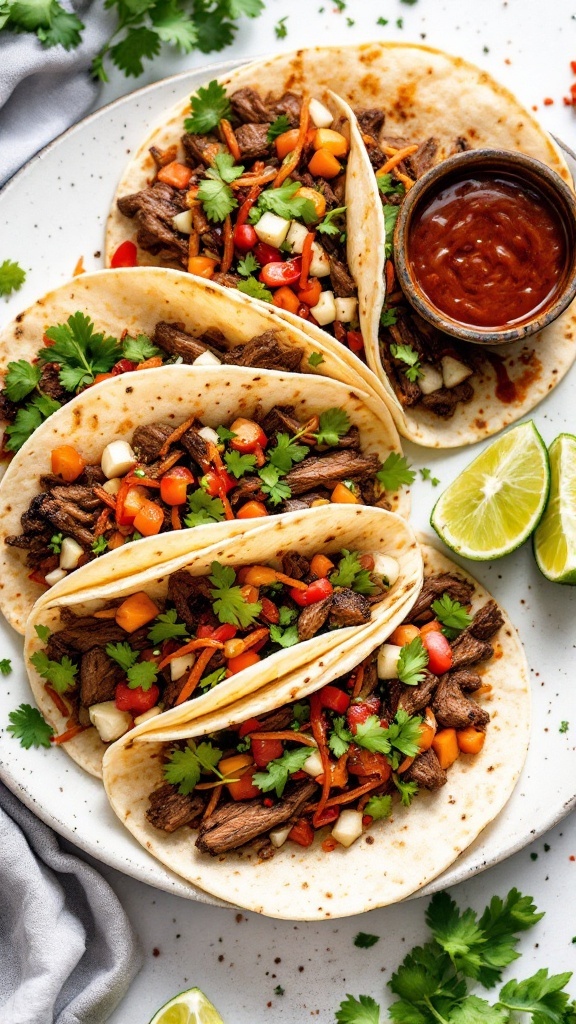 Korean BBQ Beef Tacos with Gochujang, featuring beef, veggies, and cilantro on tortillas.