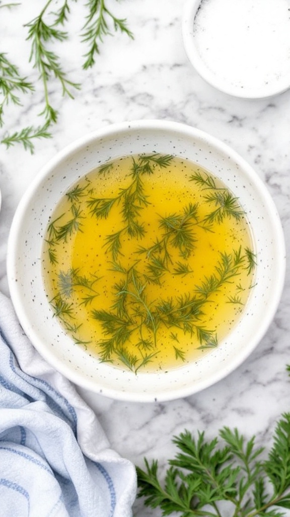 A bowl of lemon-dill marinade surrounded by lemon slices and fresh dill.