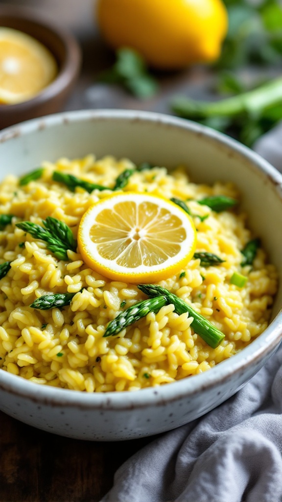 A bowl of creamy lemon asparagus risotto topped with a lemon slice and fresh asparagus.