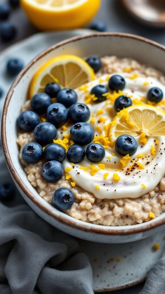 A bowl of lemon blueberry overnight oats, topped with fresh blueberries and lemon slices.