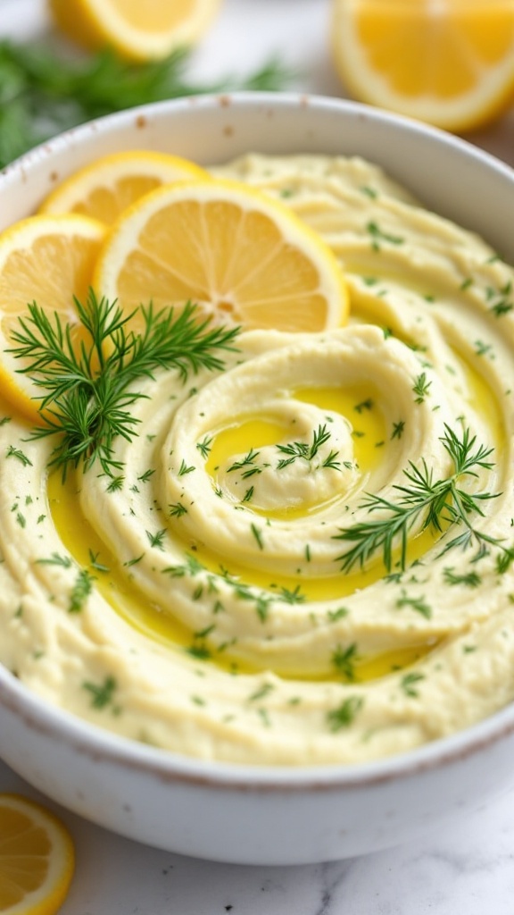 A colorful bowl of Lemon Dill Hummus topped with fresh lemon slices and dill