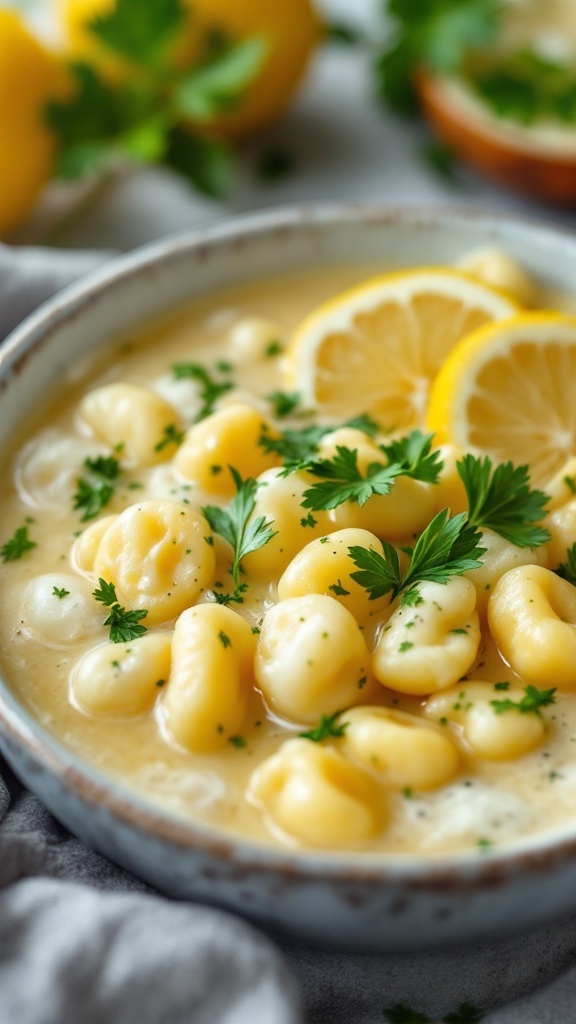 A bowl of lemon garlic gnocchi soup garnished with parsley and lemon slices.