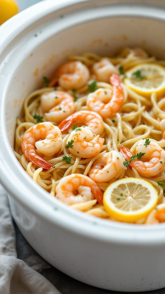 A bowl of Lemon Garlic Shrimp Pasta with shrimp, pasta, and lemon slices