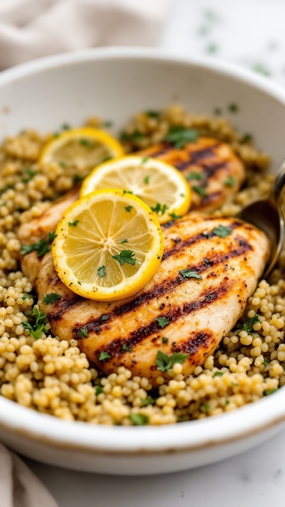 A plate of grilled chicken breasts garnished with lemon slices and herbs, served with a side of couscous.