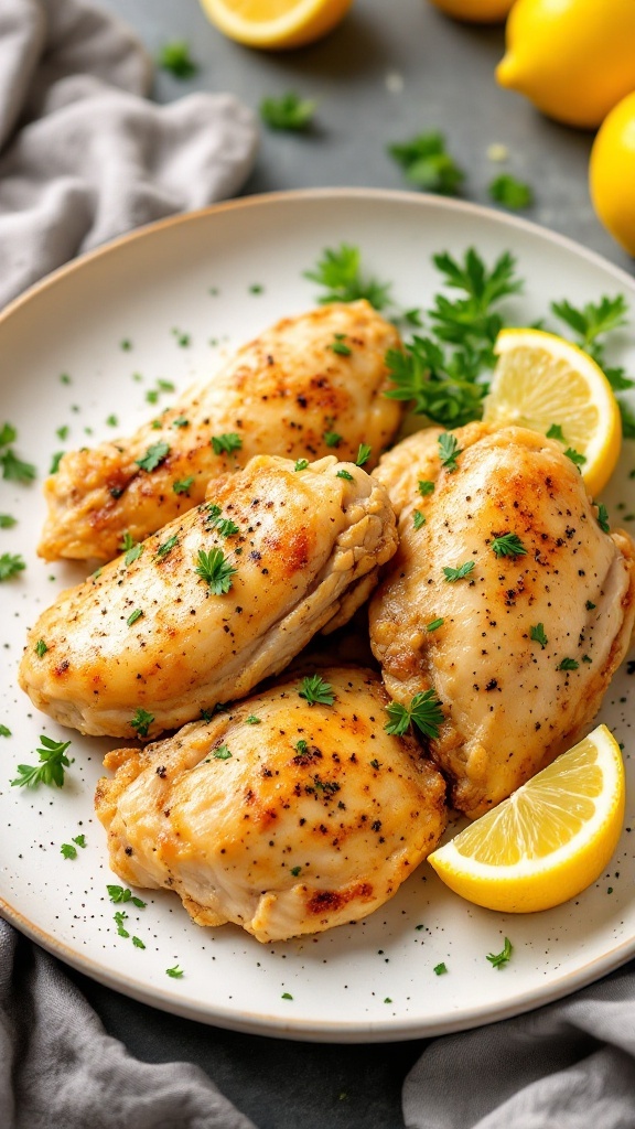 Lemon Pepper Air Fryer Chicken served with parsley and lemon slices.