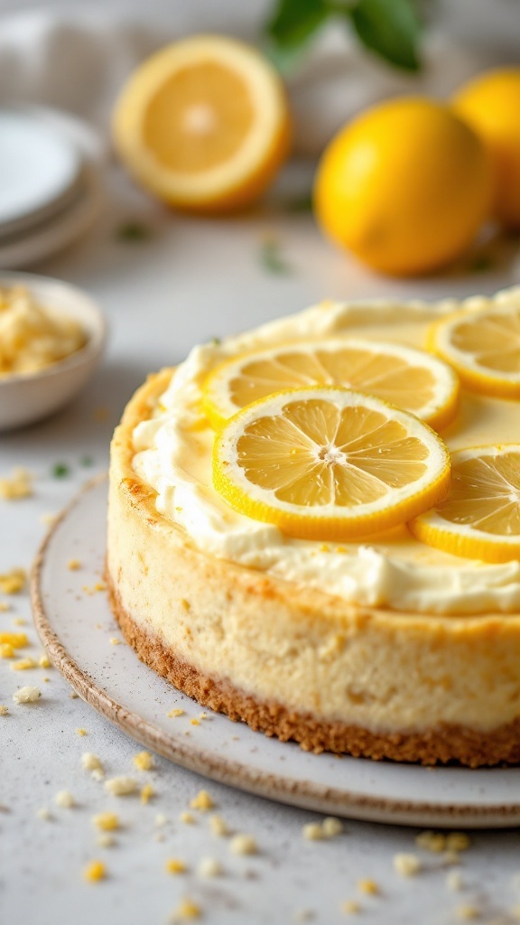 A creamy lemon zest cottage cheese cheesecake topped with lemon slices.