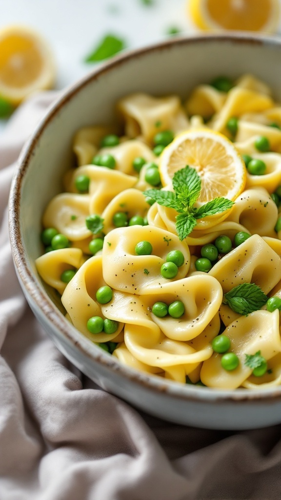 A bowl of tortellini with peas garnished with lemon and mint.