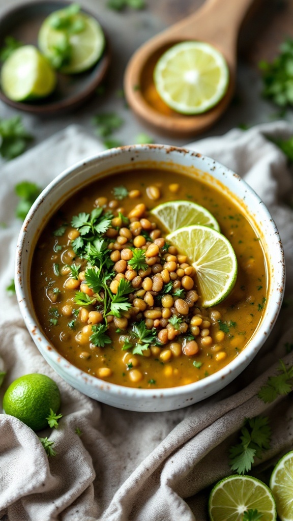 A bowl of lime cilantro lentil soup topped with cilantro and lime slices.