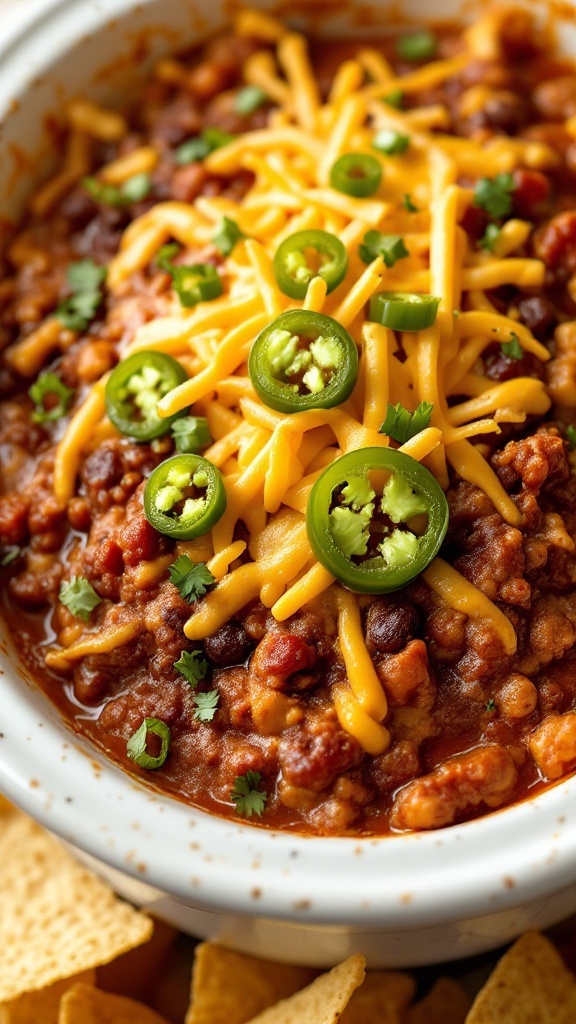 A bowl of loaded chili cheese dip topped with jalapeños and cheese, served with tortilla chips.