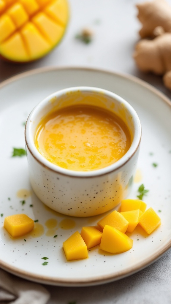 A bowl of mango ginger dressing with diced mango on the side.