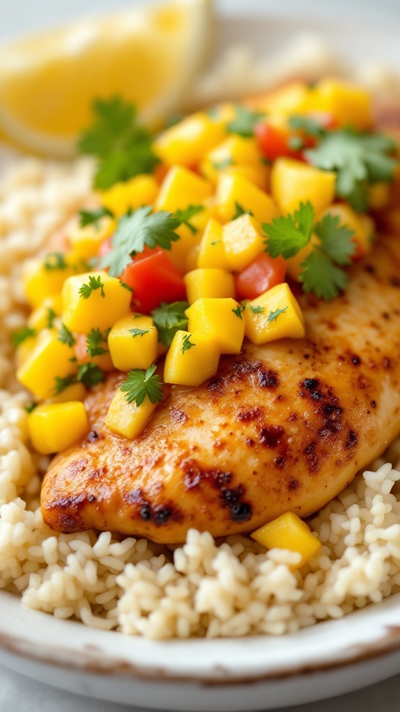 A plate of mango salsa chicken served over rice with fresh mango and cilantro topping.