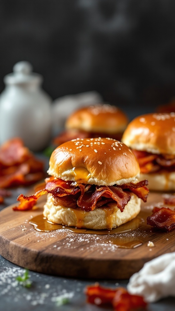 Delicious maple bacon sliders on a wooden board