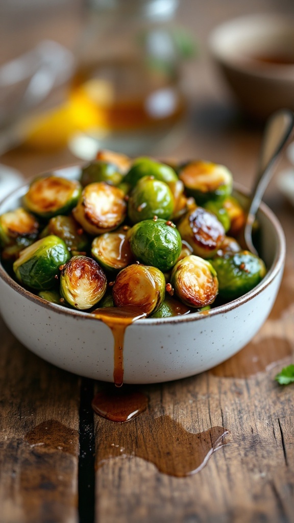 Maple glazed Brussels sprouts in a bowl on a wooden table.