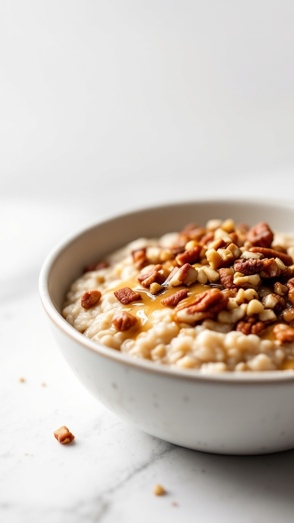 A bowl of Maple Pecan Overnight Oats with pecans and maple syrup