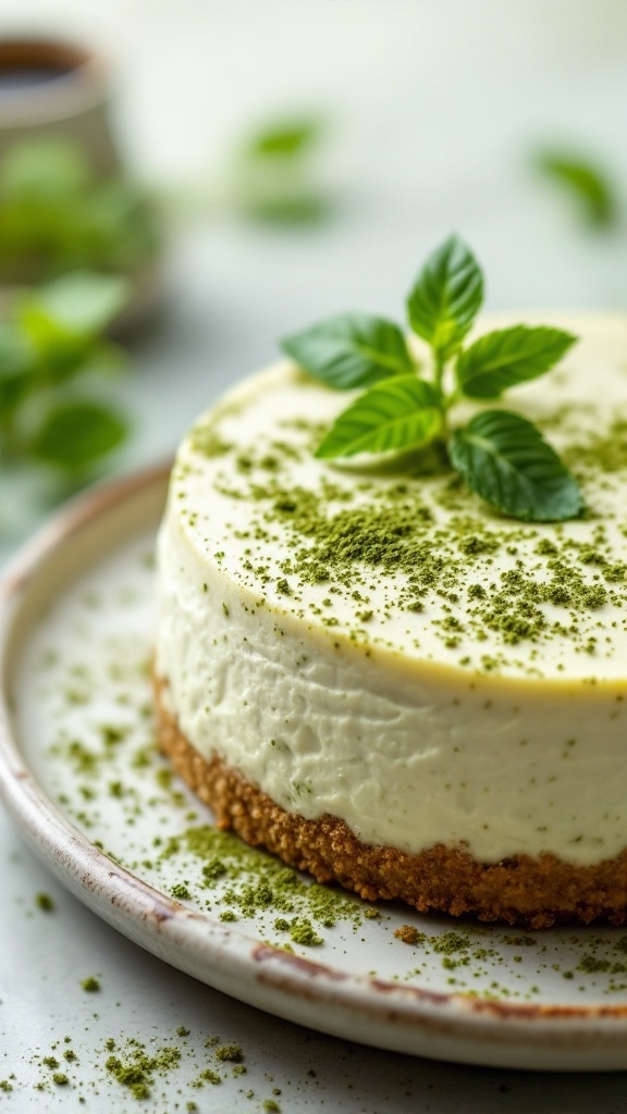 A delicious matcha green tea cottage cheese cheesecake topped with a sprinkle of matcha and a mint leaf.