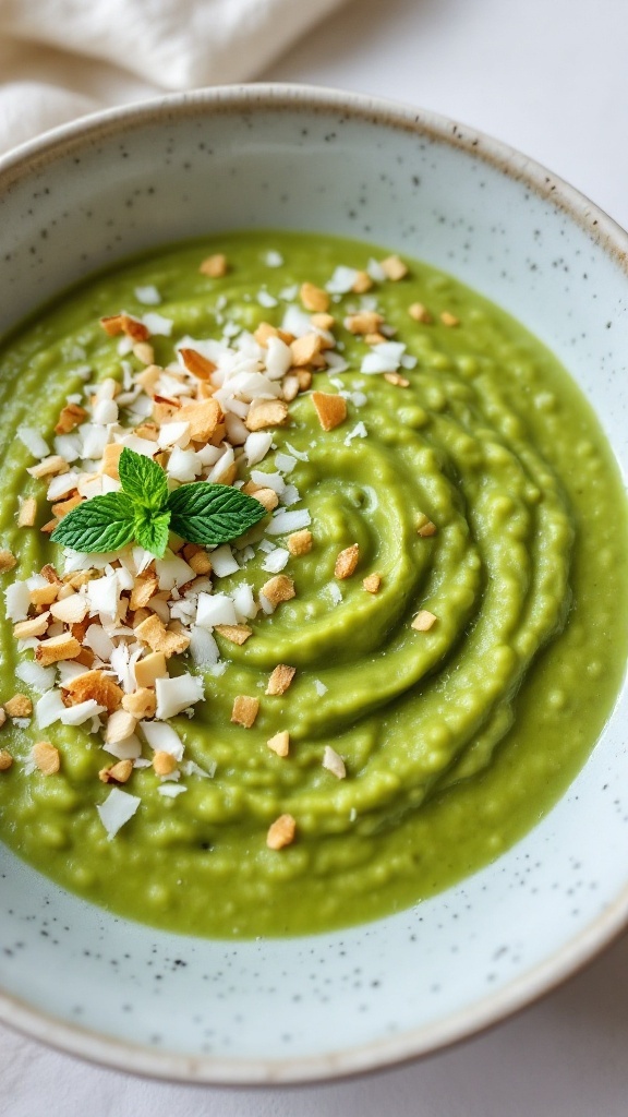 A bowl of creamy matcha green tea overnight oats topped with nuts and coconut.