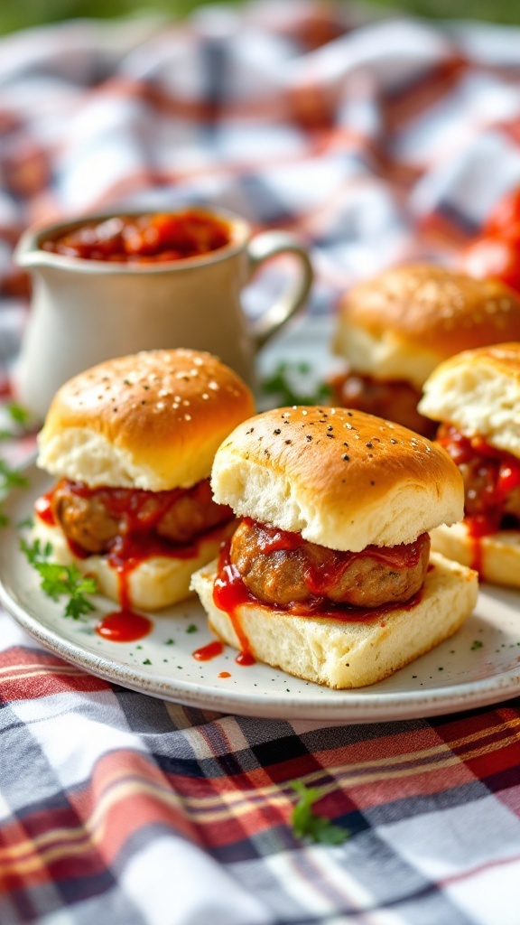 Plate of meatball sliders with marinara sauce