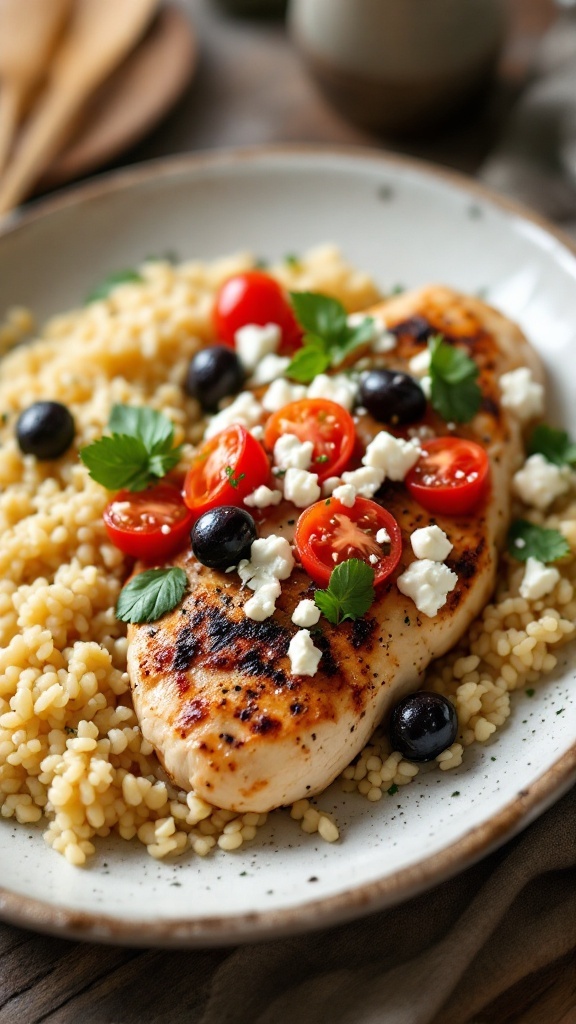 A plate of Mediterranean chicken breast with olives, topped with cherry tomatoes and feta cheese on a bed of couscous.