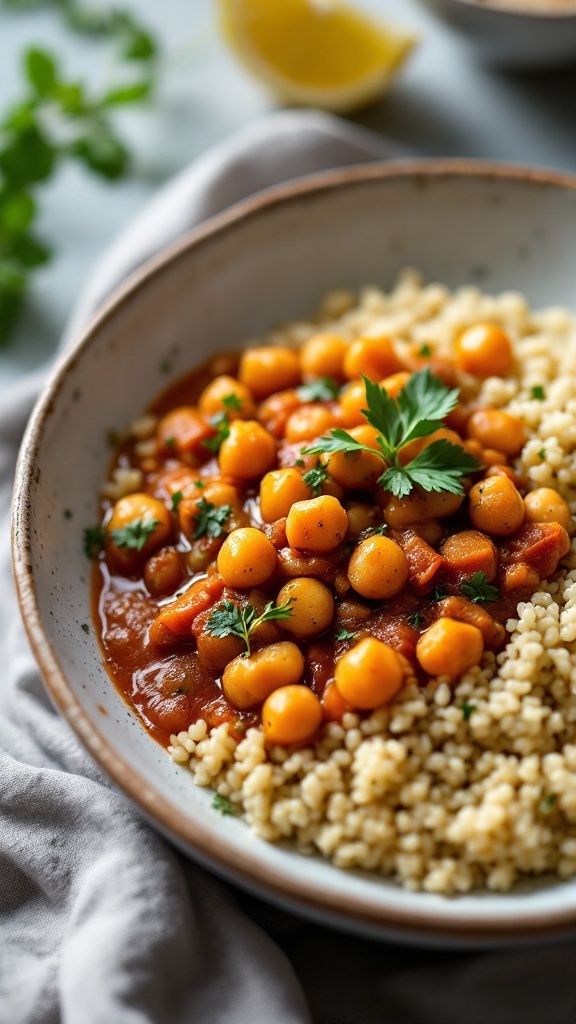 A warm bowl of Mediterranean Chickpea Stew with fluffy quinoa, garnished with fresh parsley.