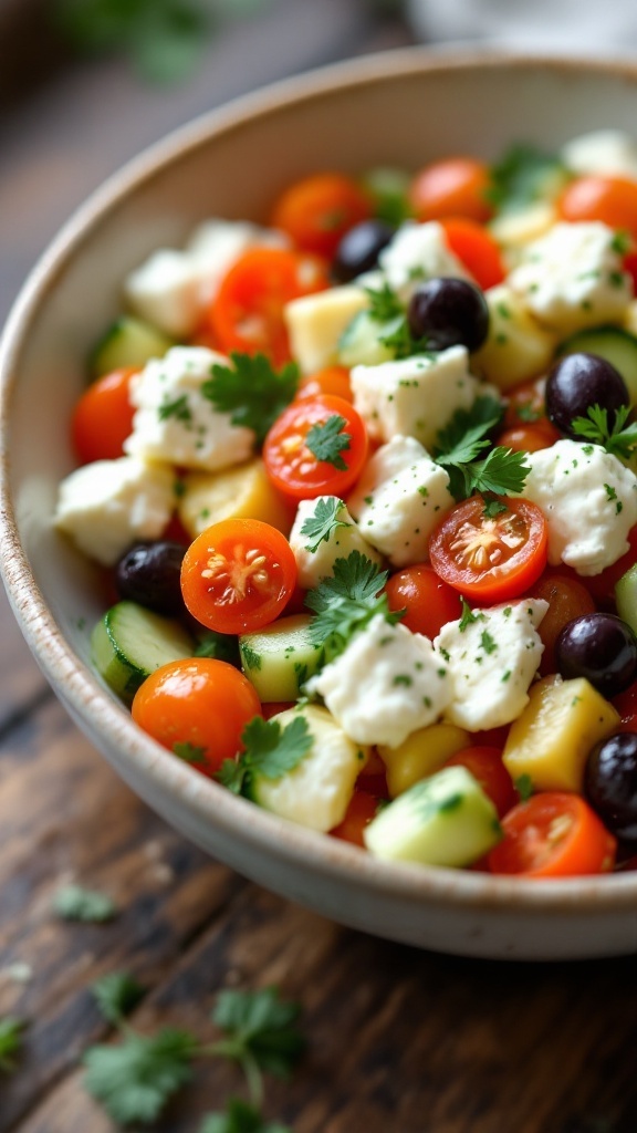 A bowl of Mediterranean Cottage Cheese Salad with cucumbers, cherry tomatoes, olives, and cottage cheese.