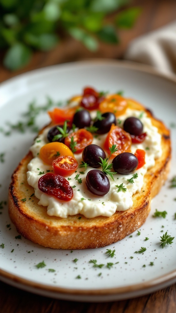 A plate of Mediterranean cottage cheese toast topped with colorful cherry tomatoes and olives.