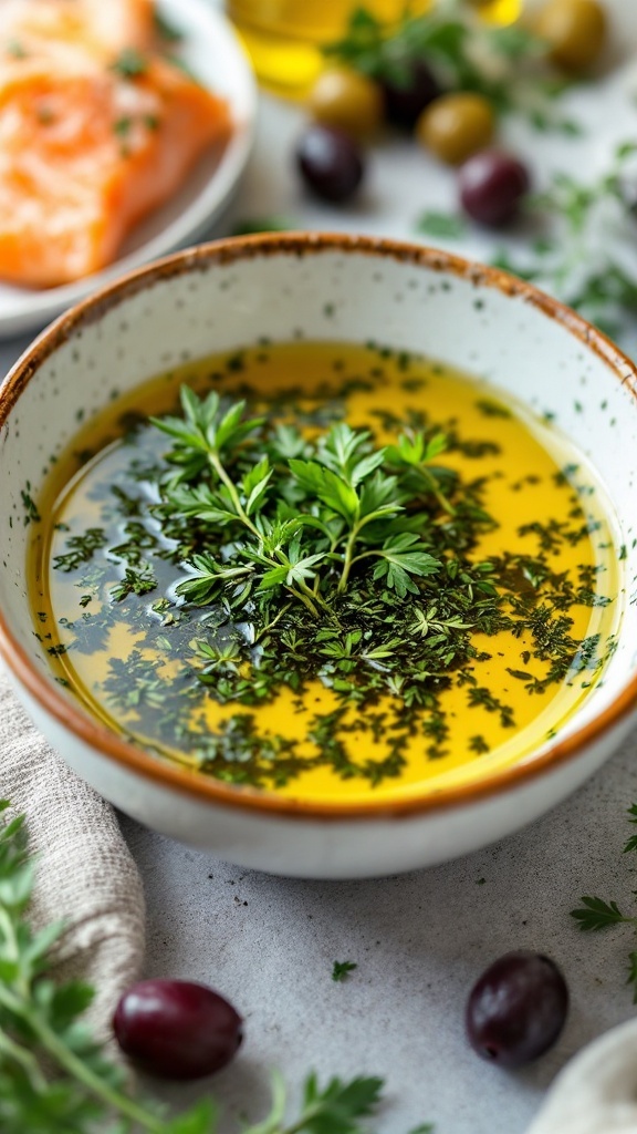 Bowl of Mediterranean herb marinade with olive oil and fresh herbs