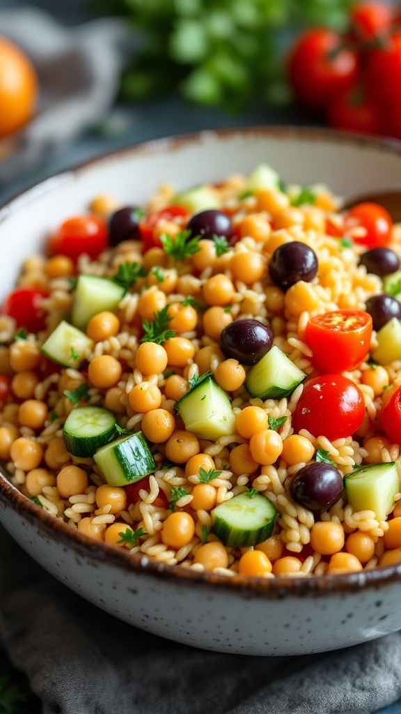 A bowl of Mediterranean Orzo Salad with colorful ingredients.