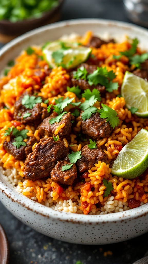 A bowl of Mexican-Style Beef and Rice with cilantro and lime.