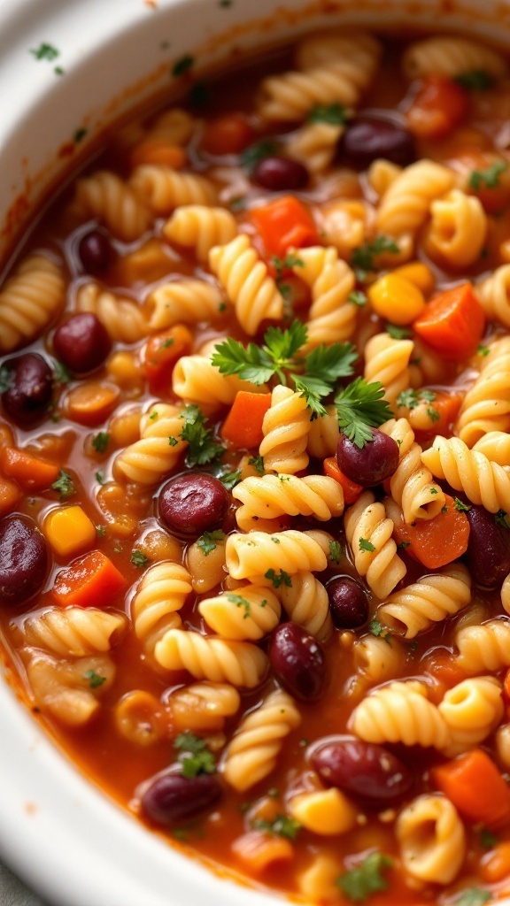 A bowl of minestrone pasta soup with colorful vegetables and rotini pasta.