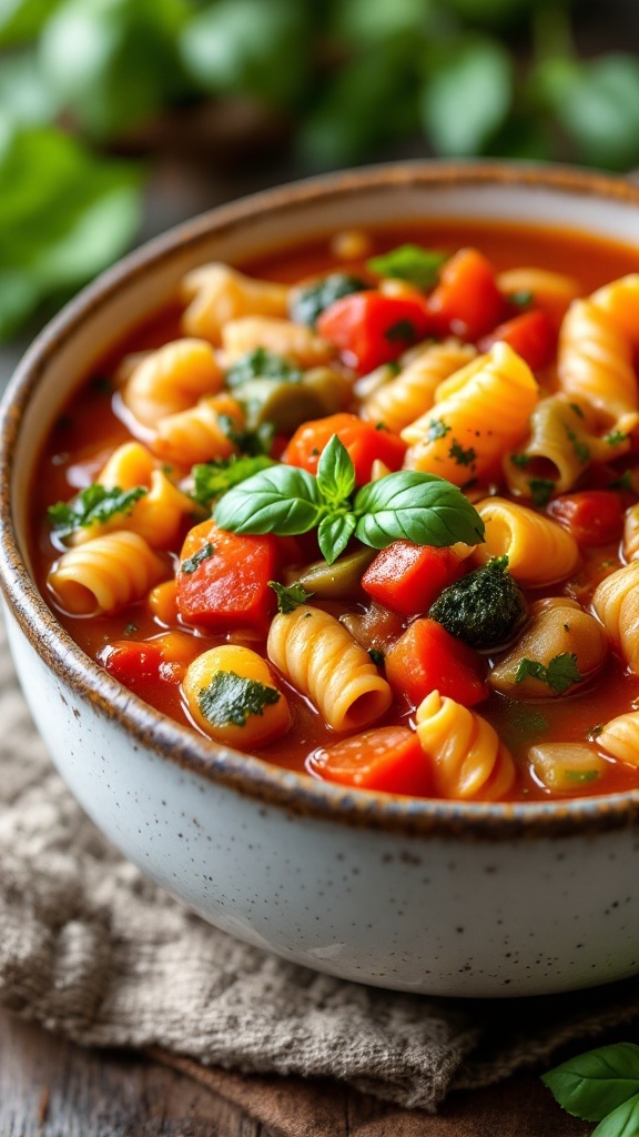 A delicious bowl of minestrone soup filled with colorful vegetables and pasta.