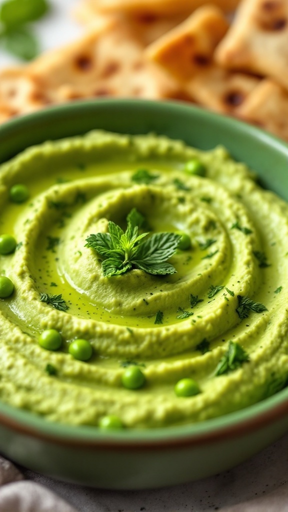 A green bowl of minted pea hummus garnished with mint leaves and peas.