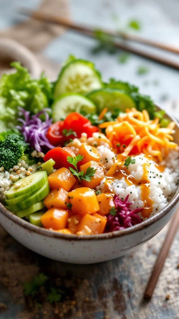 Colorful sushi bowl with fresh vegetables and miso ginger dressing