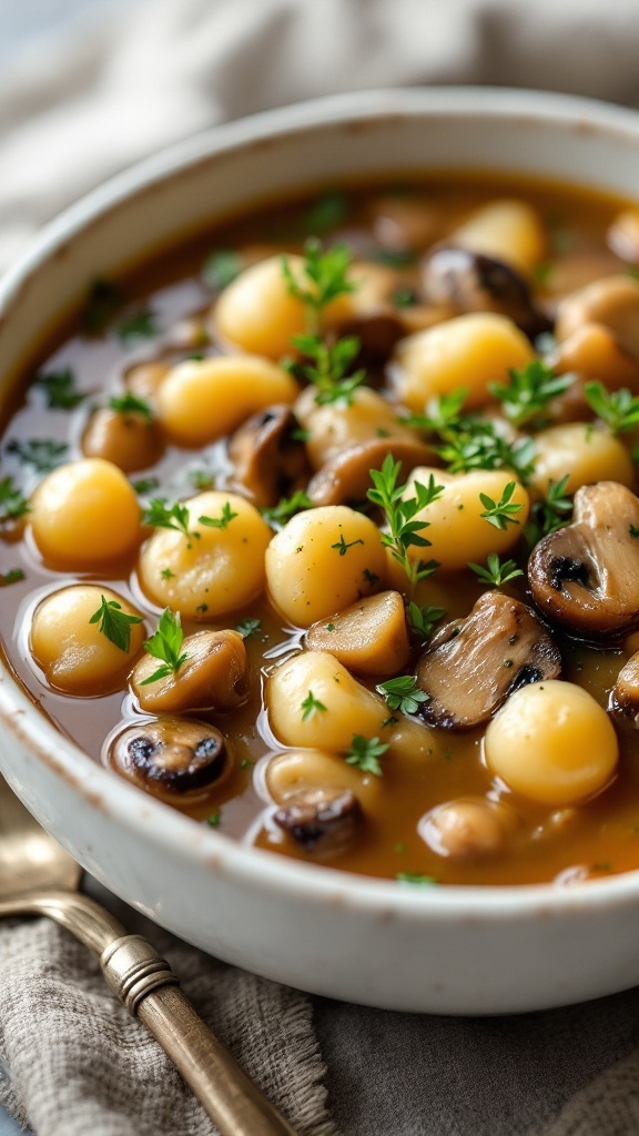 A bowl of mushroom and gnocchi soup garnished with thyme