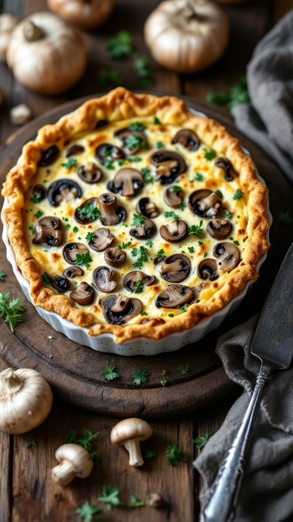 Mushroom and Swiss crustless quiche with a golden-brown top and garnished with parsley.