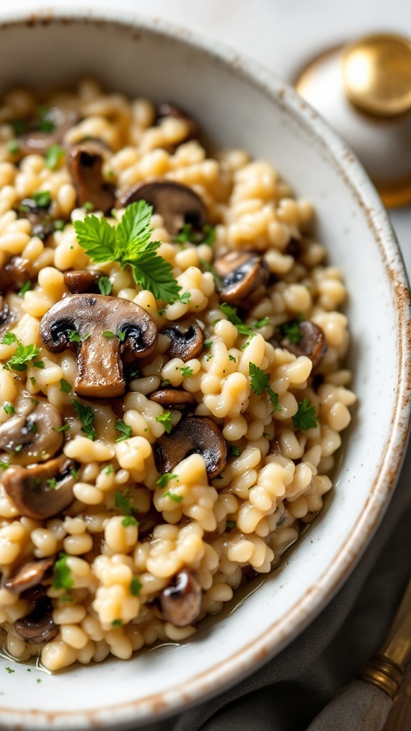 A bowl of creamy mushroom and truffle risotto garnished with parsley.