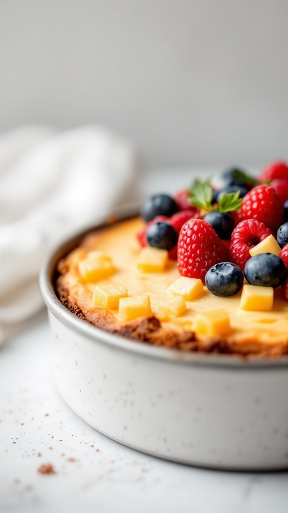 A delicious no-bake cottage cheese cheesecake topped with fresh berries and mango.