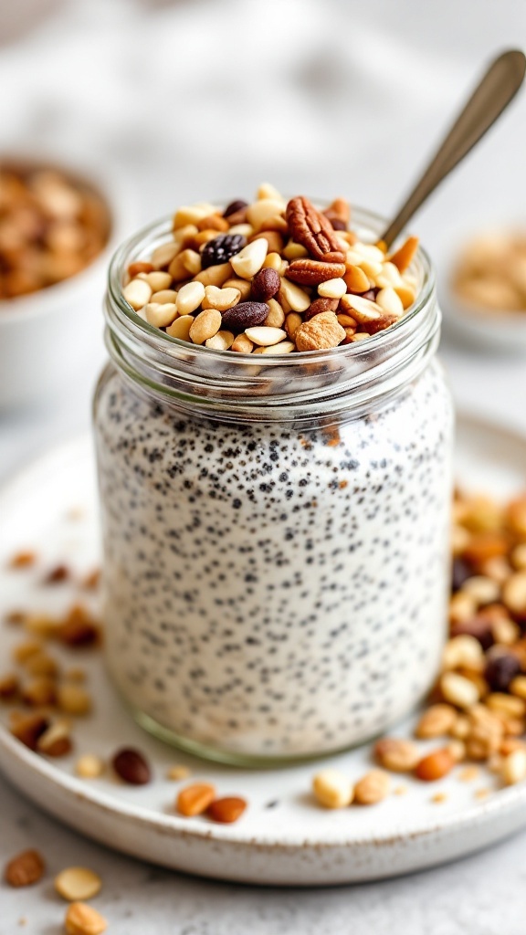 A jar of nutty chia seed oats topped with mixed nuts.