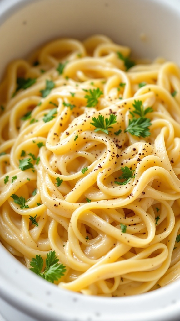 A bowl of creamy garlic Alfredo pasta topped with parsley