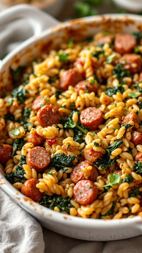 A delicious orzo and sausage bake with spinach in a white dish