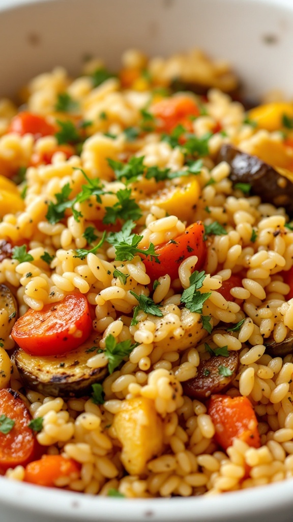 A bowl of orzo pilaf with roasted vegetables garnished with fresh herbs.