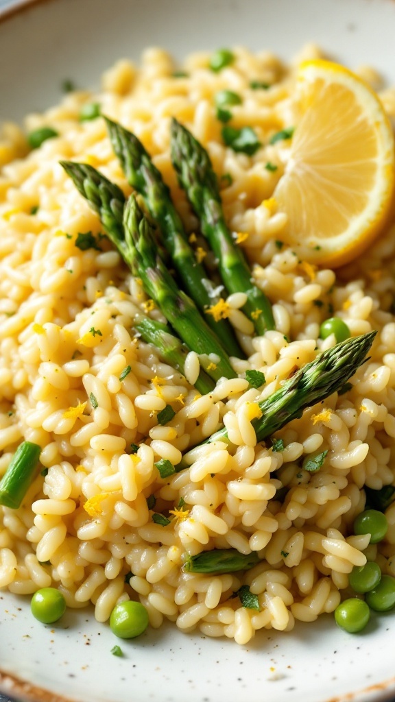 Delicious orzo risotto with lemon and asparagus