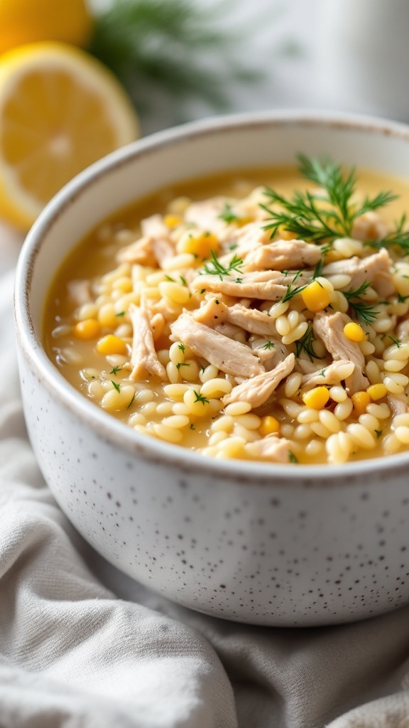 A bowl of orzo soup with lemon and chicken, topped with fresh herbs.