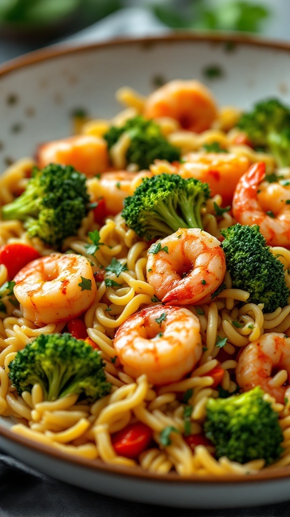 A bowl of orzo stir-fry with shrimp and broccoli, looking colorful and appetizing.