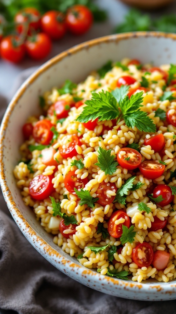 Orzo Tabbouleh salad with parsley, mint, and cherry tomatoes